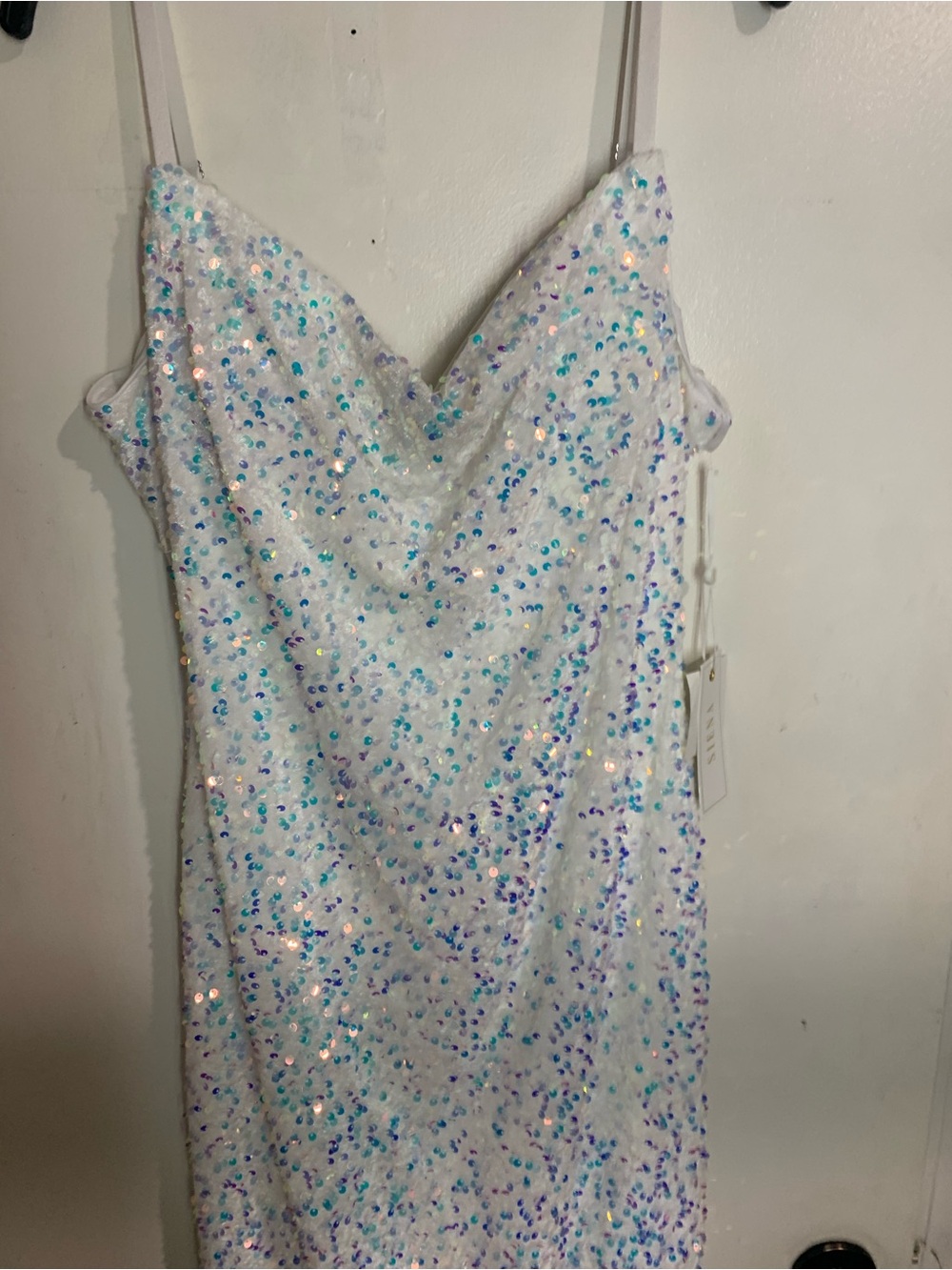 Strapless White Sequin Slip Dress with Iridescent Accents